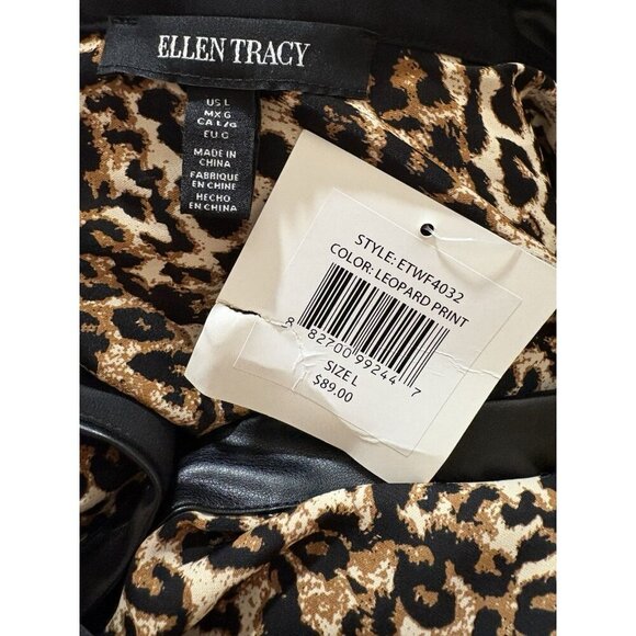 Ellen Tracy L Animal Print Button Collar Faux Leather Trim Long Sleeve Blouse - Picture 6 of 6